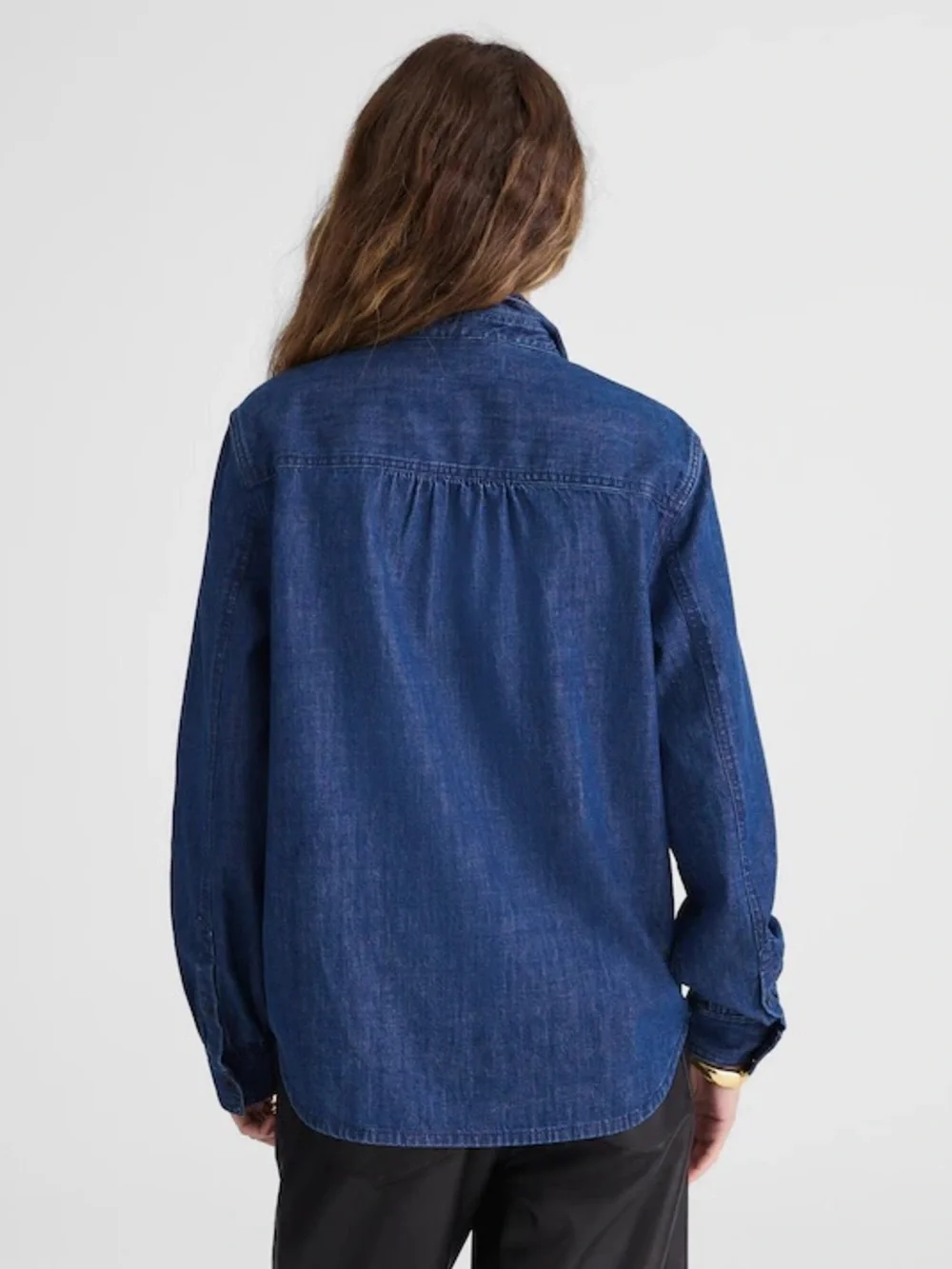 Madewell Tie-Neck Chambray Denim Button-Down Shirt Blouse Medium Blue Stretch - Picture 3 of 14